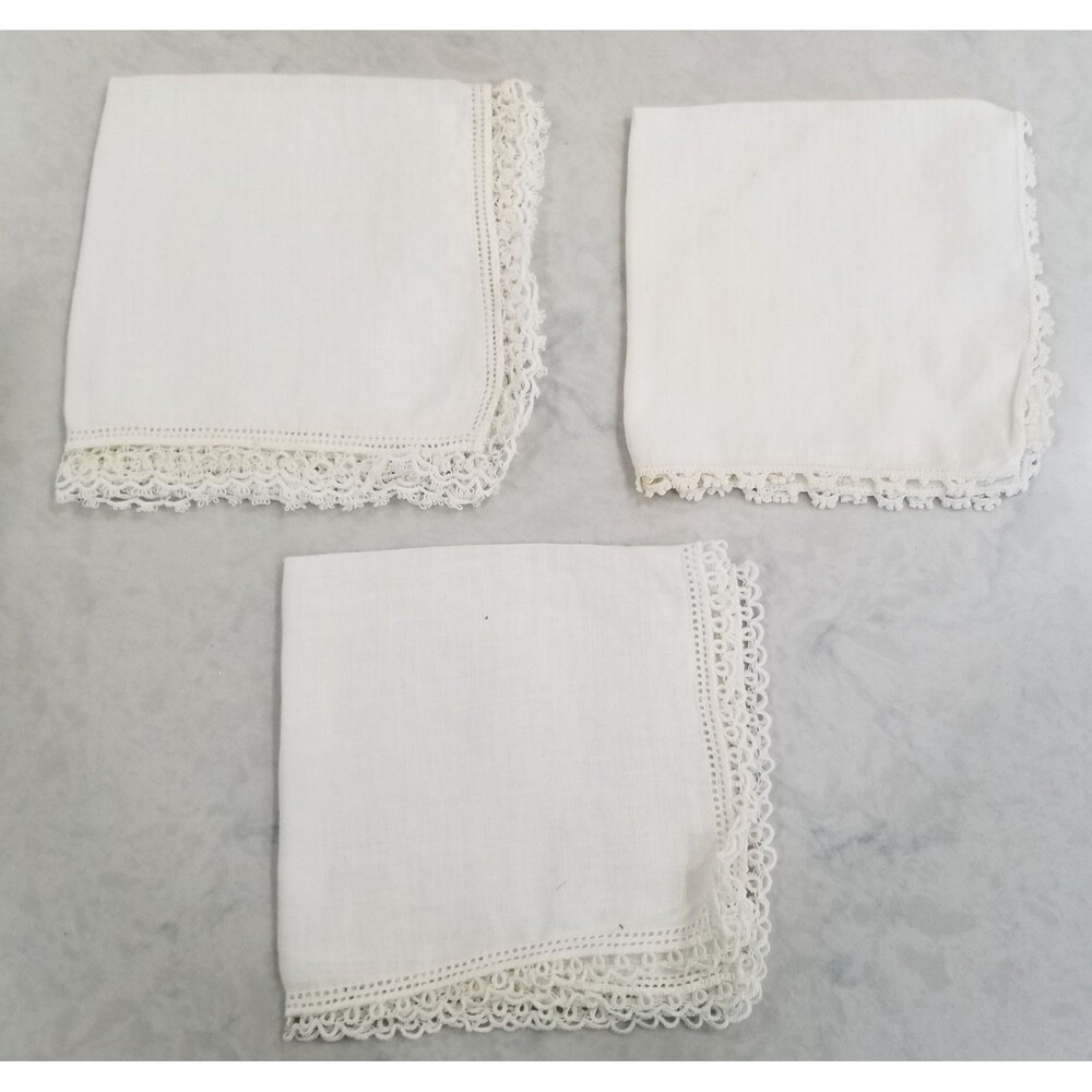 Vintage White Crocheted Lace Trim Handkerchiefs Set of 3